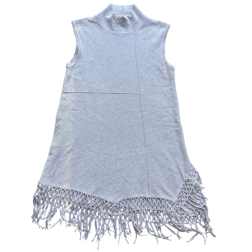 NIC+ZOE Tank Sweater Dress Size XS Blue Knit Mock Crochet Fringe Hem Pullover
